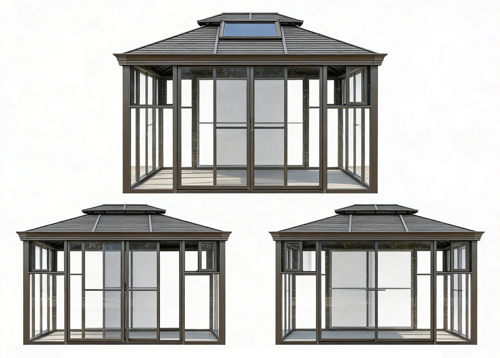 Luxury outdoor glass pavilion with hip roof and large windows