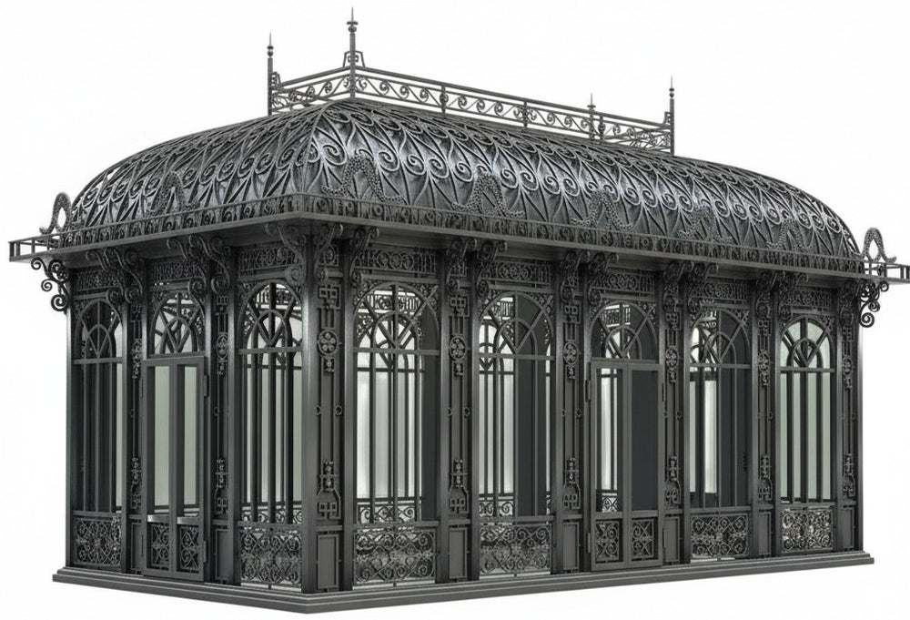 Decorative metal gazebo with intricate designs on a white background
Luxury wrought iron conservatory pavilion with curved Victorian roof