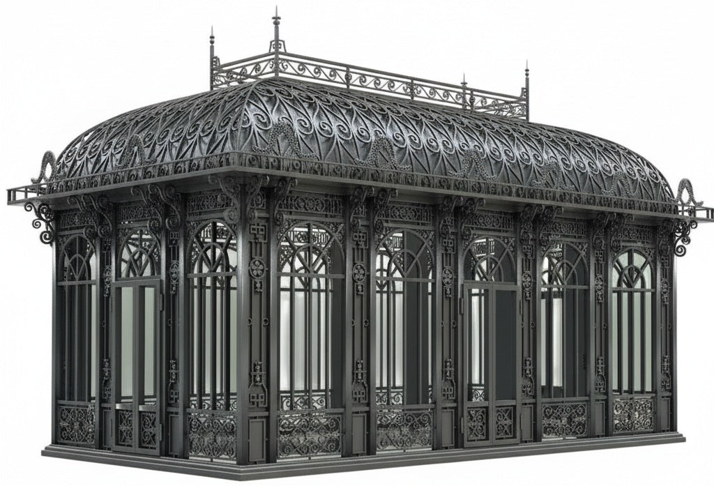 Decorative metal gazebo with intricate designs on a white background
Luxury wrought iron conservatory pavilion with curved Victorian roof