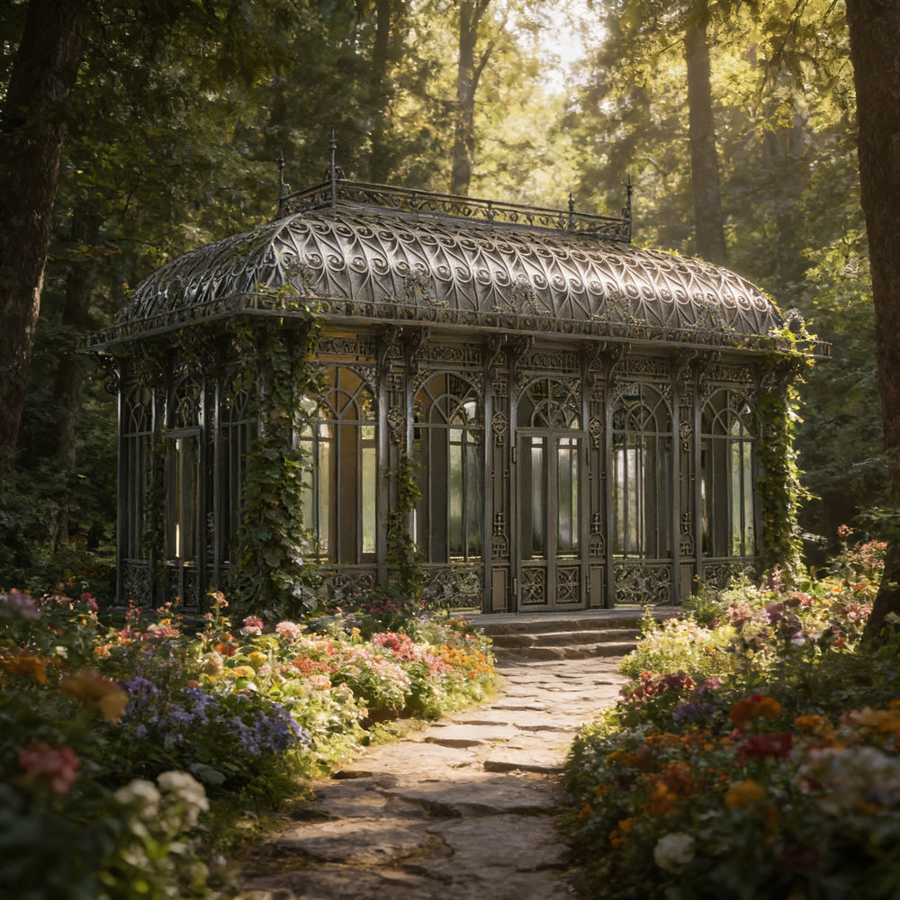 Ornate garden gazebo surrounded by flowers and trees