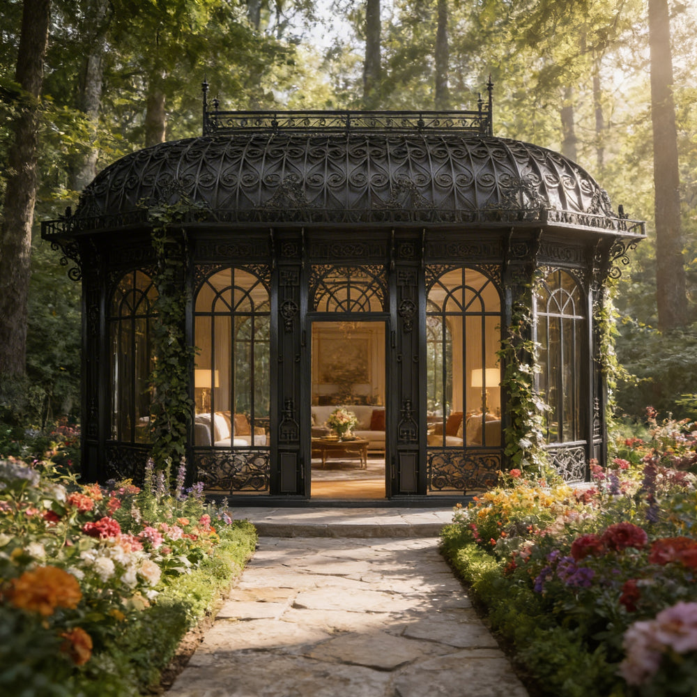 Large estate pavilion with Victorian metal architecture and scrollwork