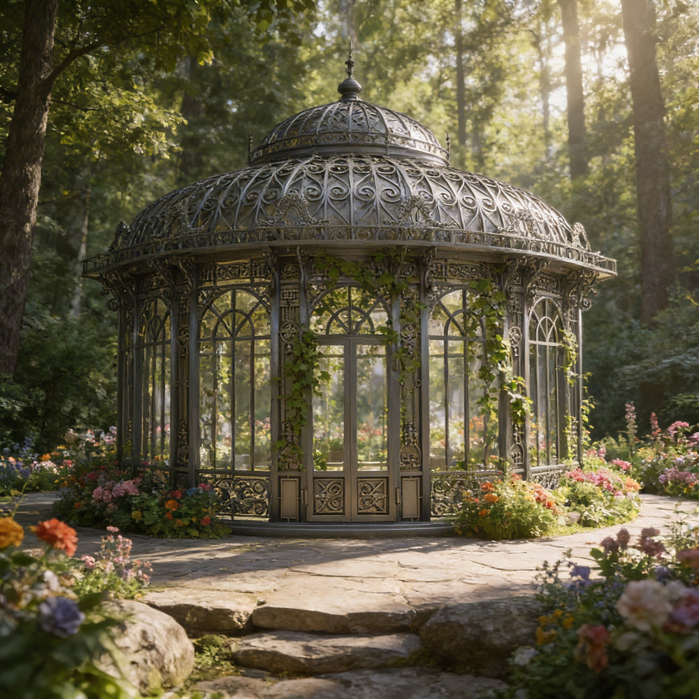 Ornate garden gazebo surrounded by flowers and trees
Freestanding ornate metal garden pavilion with scrollwork