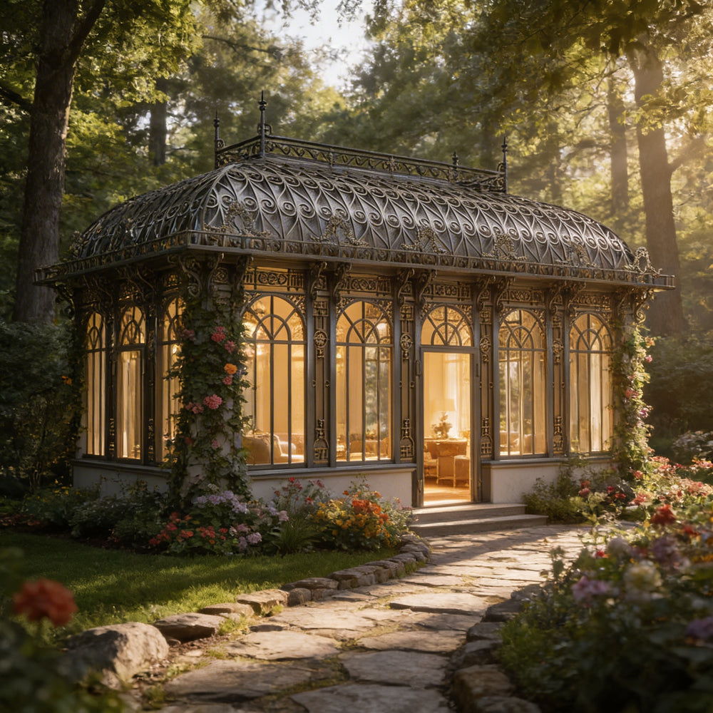 Ornate gazebo with glass walls in a garden setting