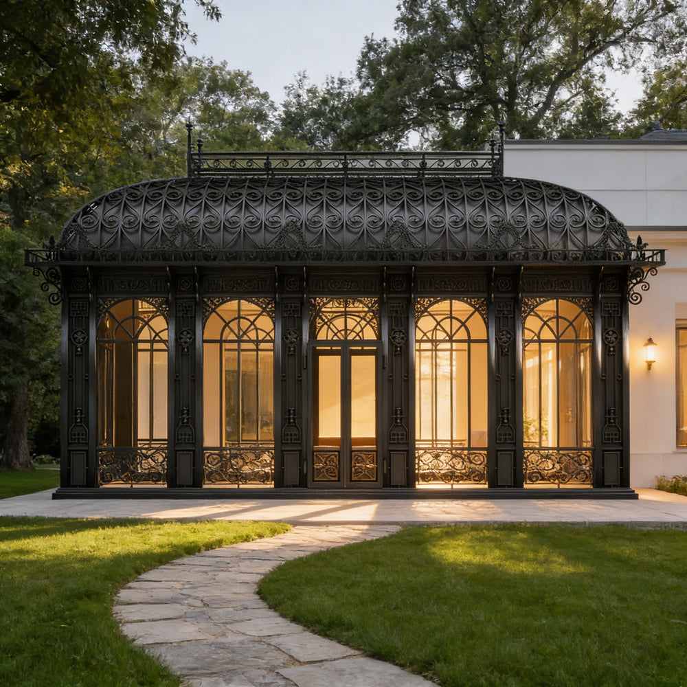 Decorative wrought iron window frames on luxury outdoor conservatory