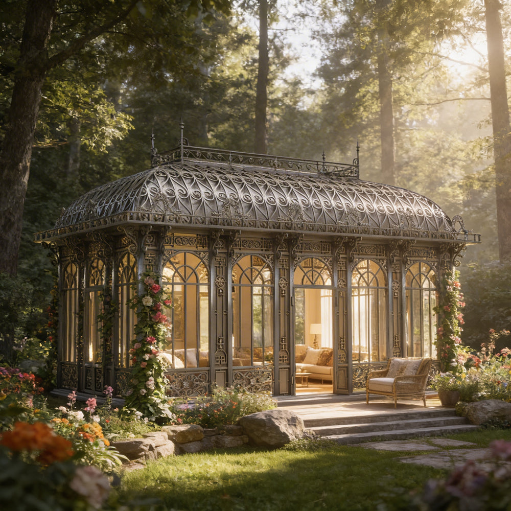 Large iron sunroom structure with double doors and decorative panels