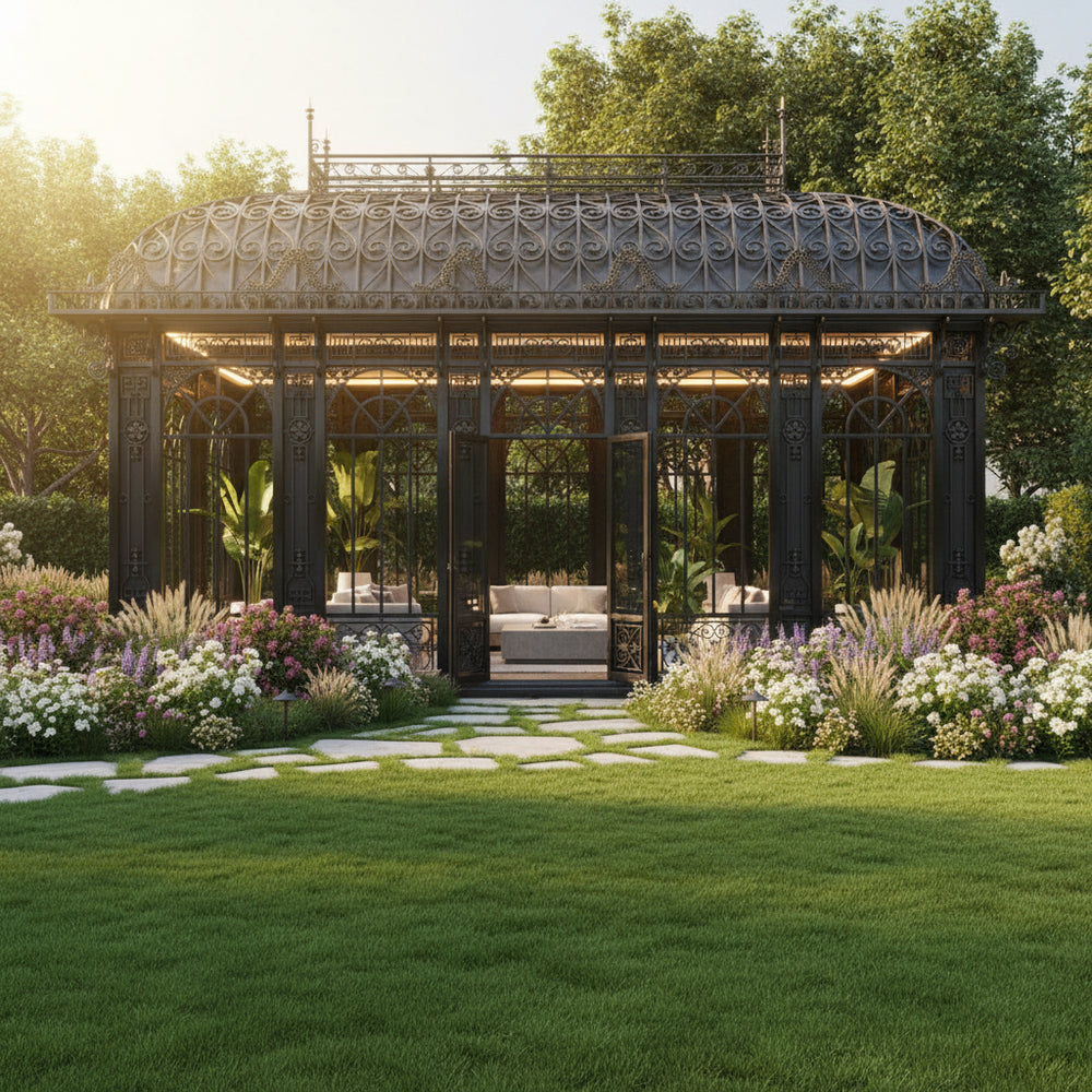 Freestanding wrought iron garden house with curved roof and glass panels