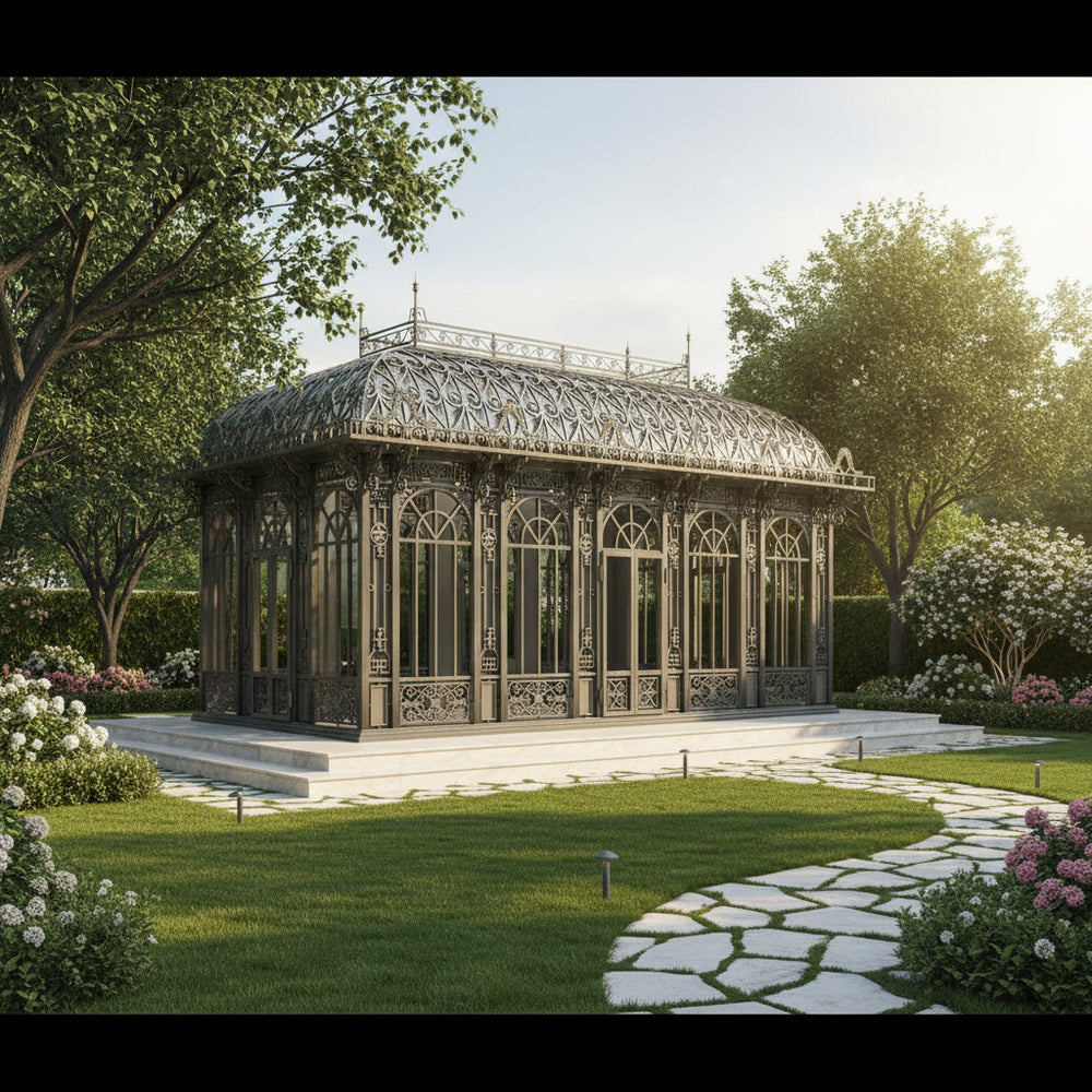 Large iron sunroom structure with double doors and decorative panels