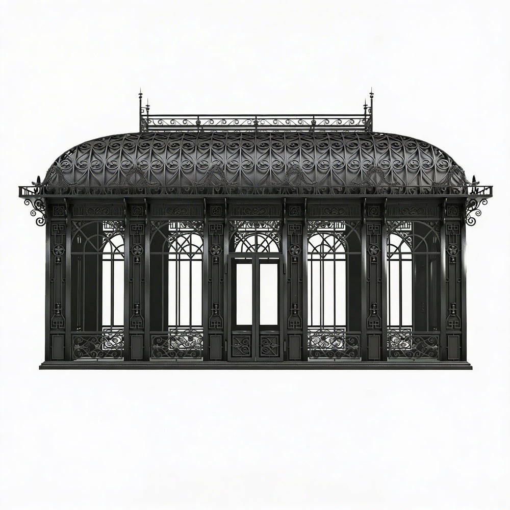 Luxury freestanding iron sunroom with decorative metal panels and double doors