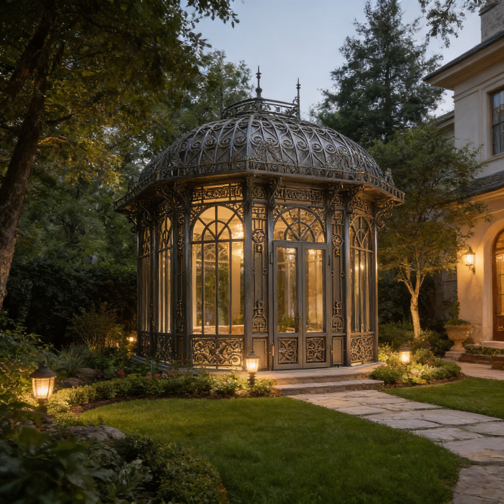 Large Victorian garden pavilion made from handcrafted wrought iron