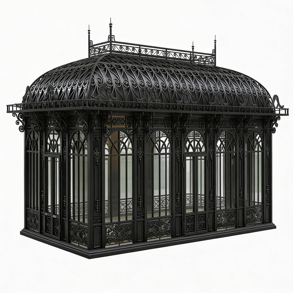 Black ornate gazebo with intricate detailing on a white background