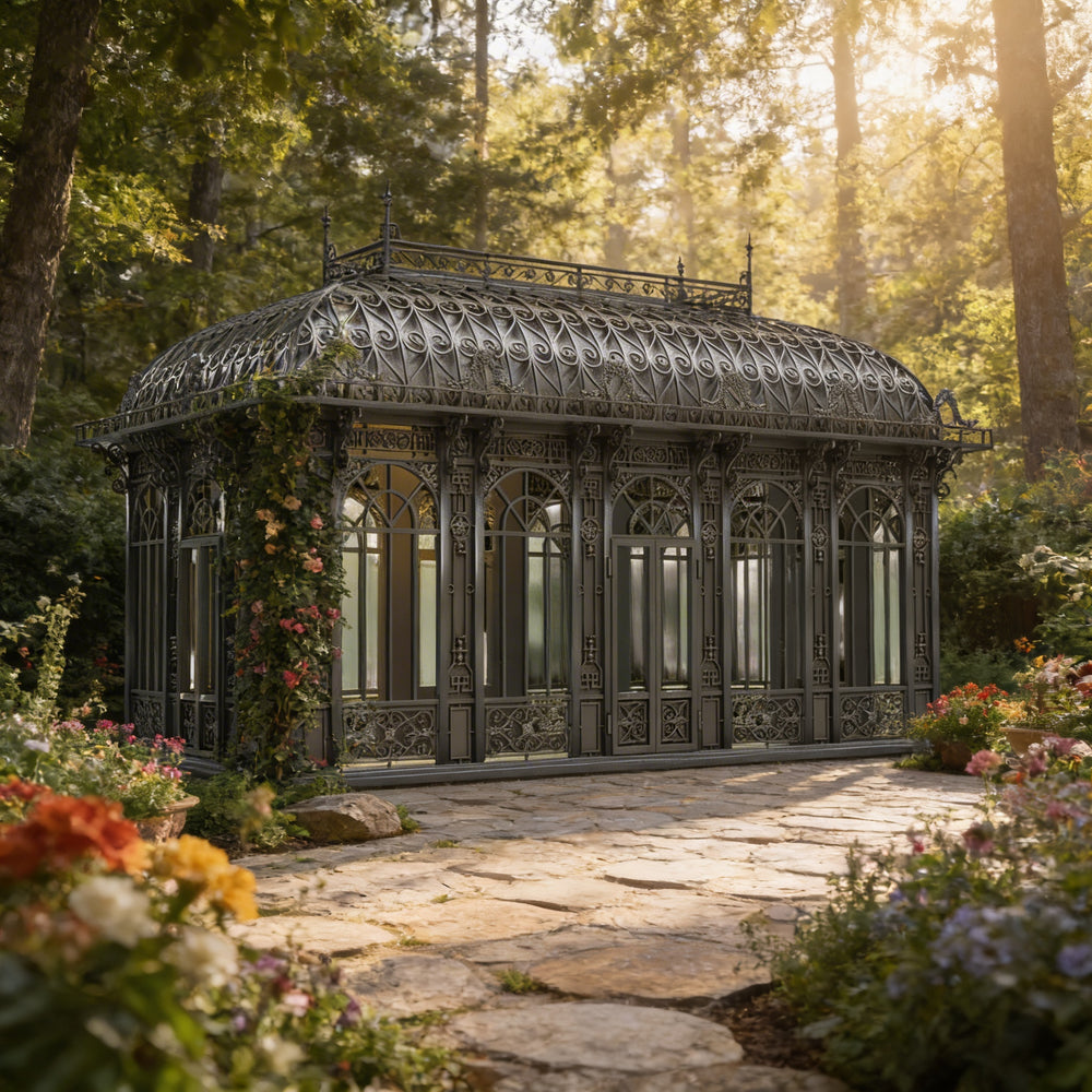 Ornate garden pavilion surrounded by flowers and trees