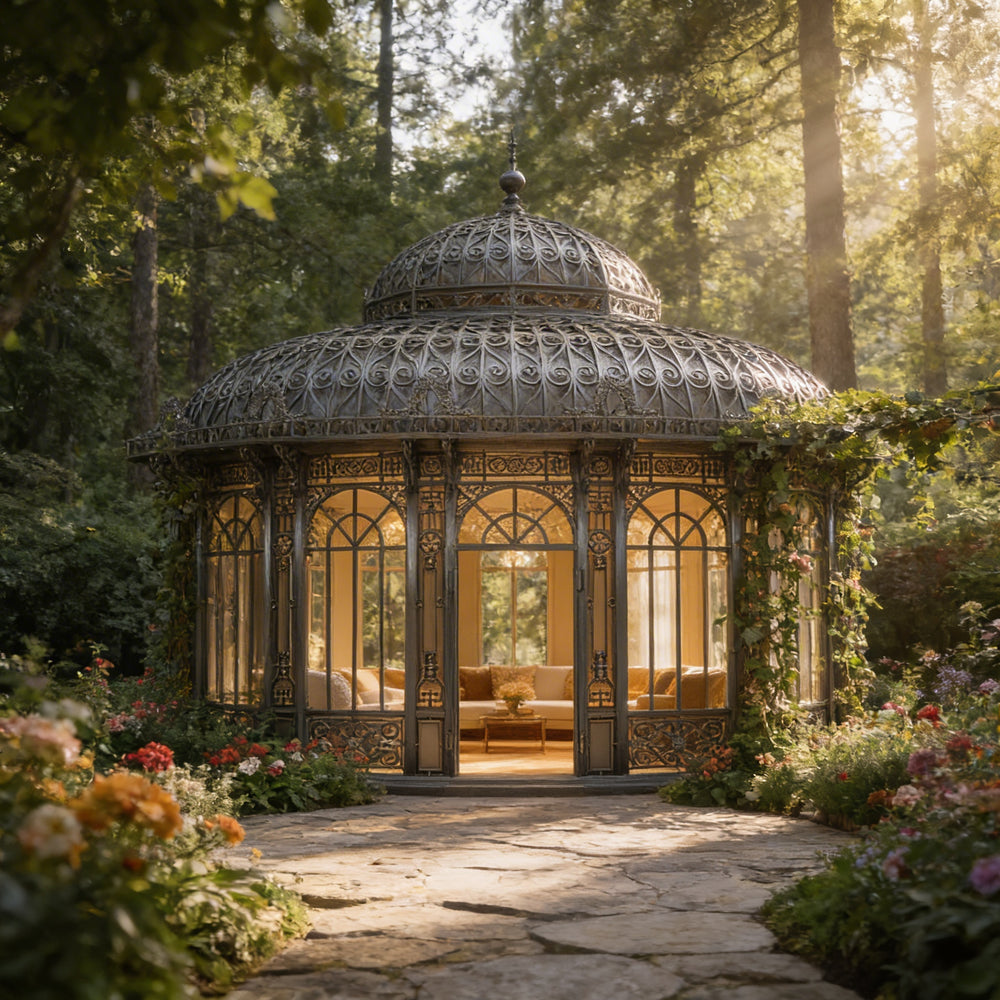 Curved roof wrought iron conservatory with detailed scrollwork design