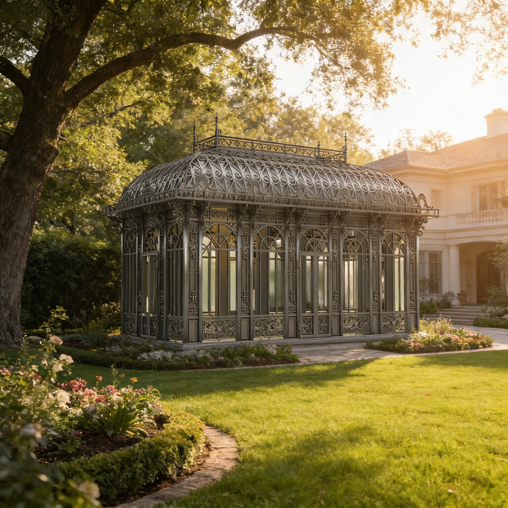 Ornate garden pavilion in a lush garden setting with a house in the background
