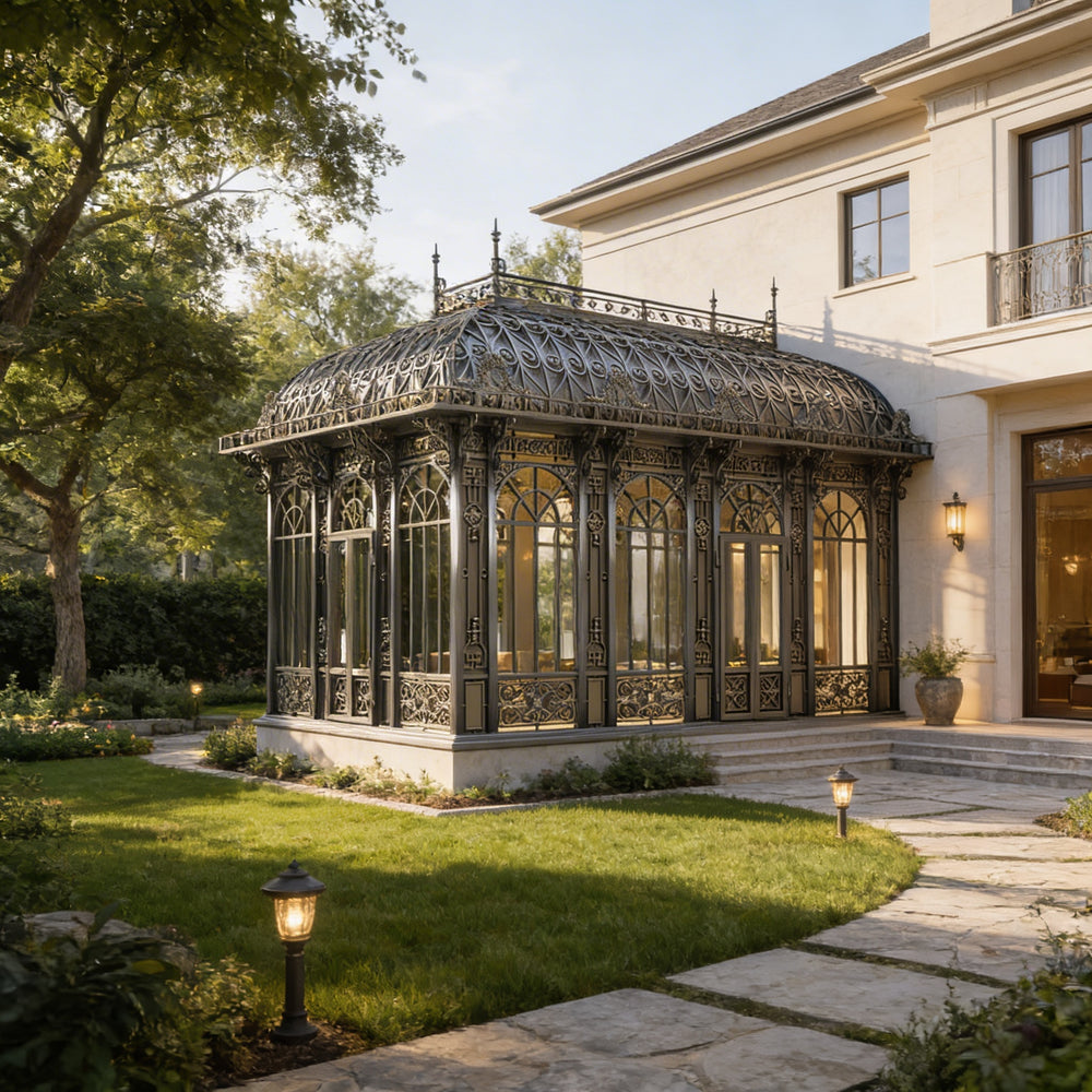 Ornate wrought iron conservatory pavilion with Victorian scrollwork and curved roof