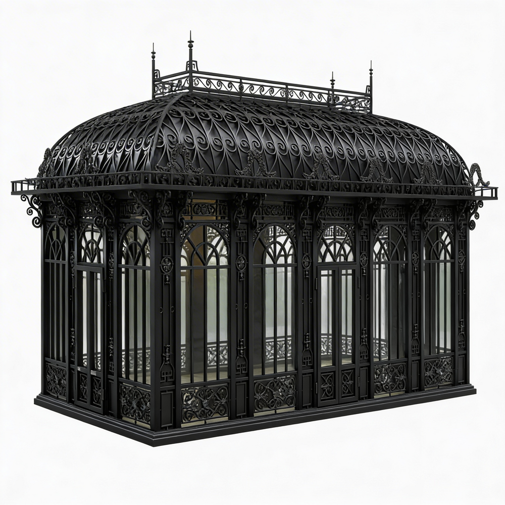 Decorative black metal gazebo with intricate designs on a white background