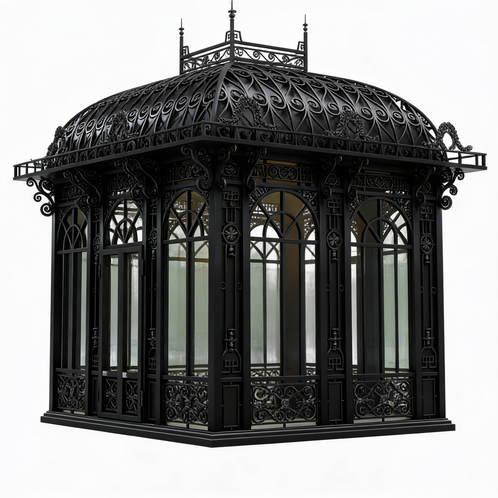 Decorative black metal gazebo with intricate designs on a white background