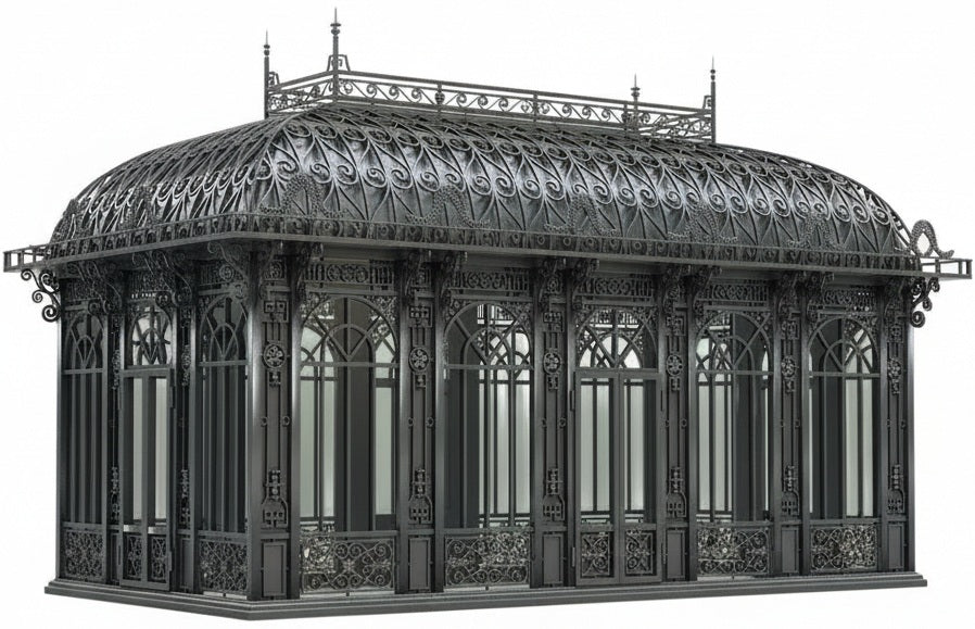 Intricate wrought iron scrollwork on luxury Victorian conservatory roof