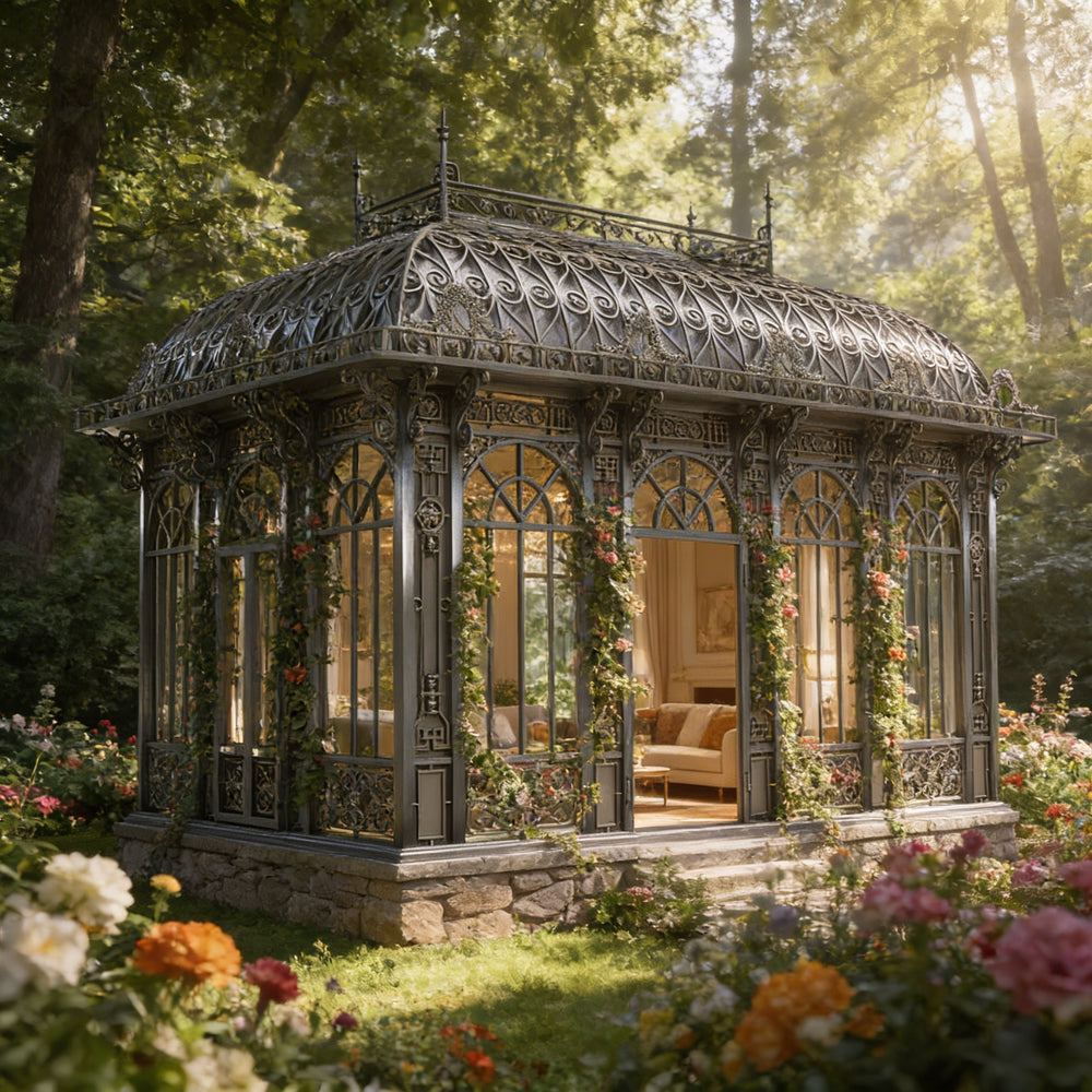 Decorative metal patterns and floral motifs on premium iron pavilion