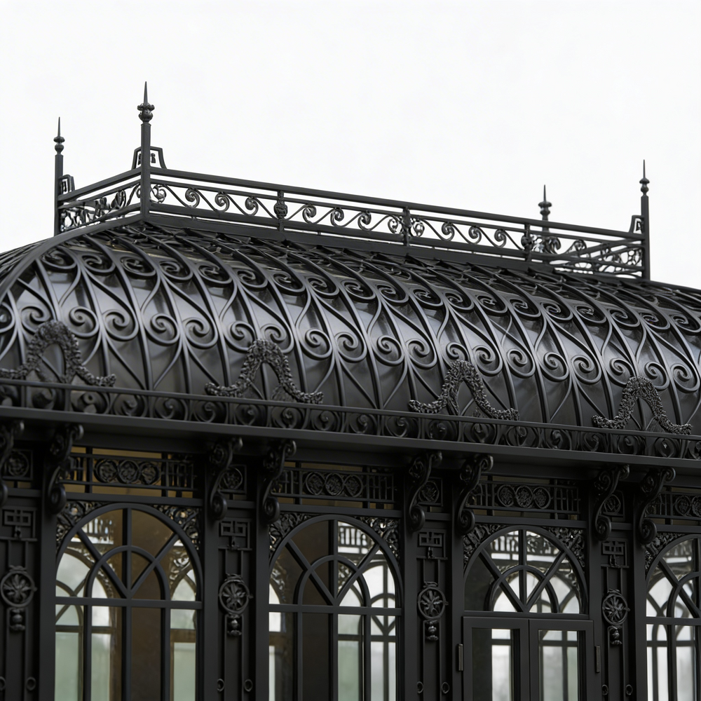 Double glass doors with ornate wrought iron framing on garden pavilion