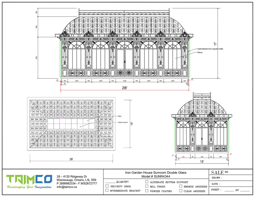 Technical drawing of an iron garden house with dimensions and details, featuring the Taimco brand.
