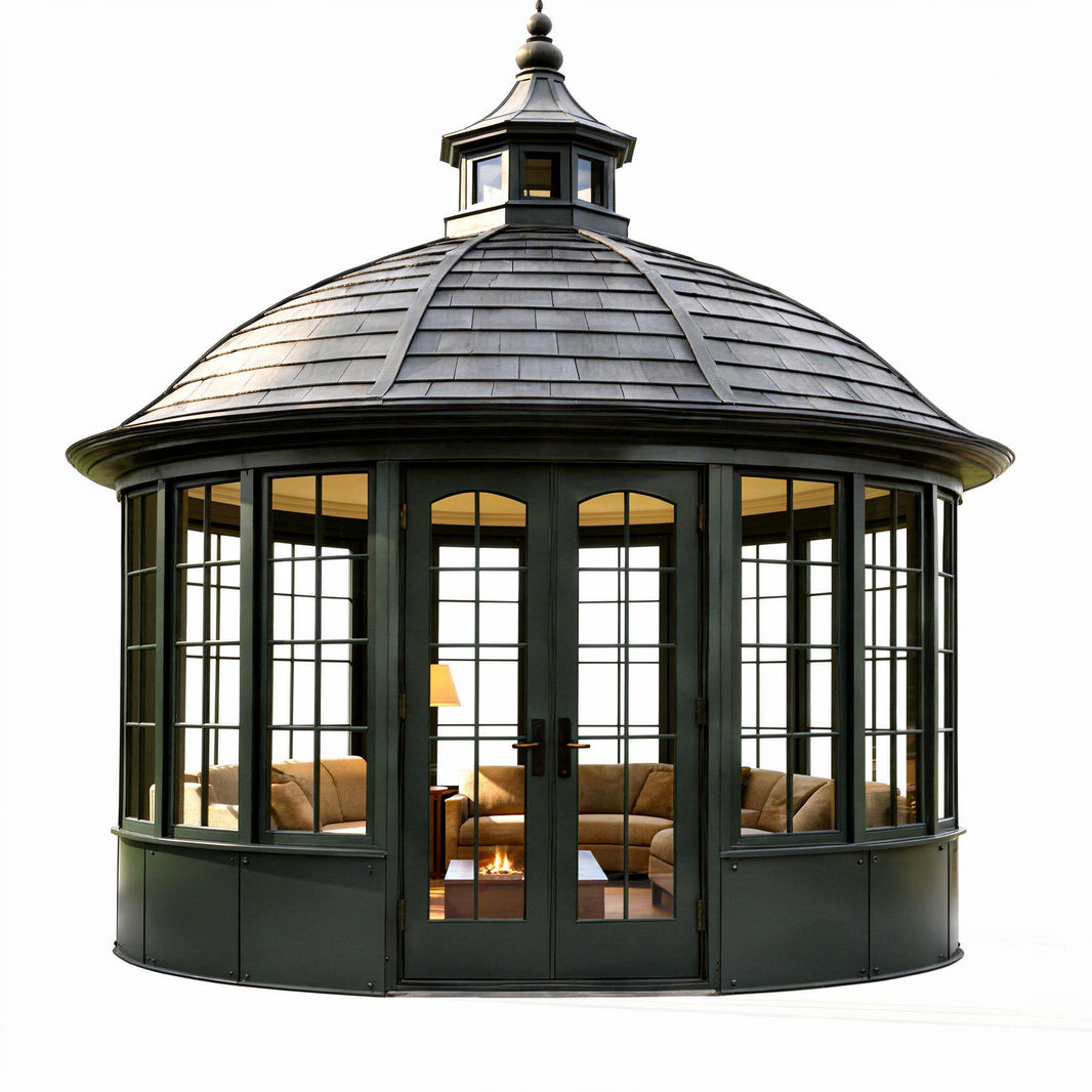 Round glass garden pavilion with shingled roof and cupola