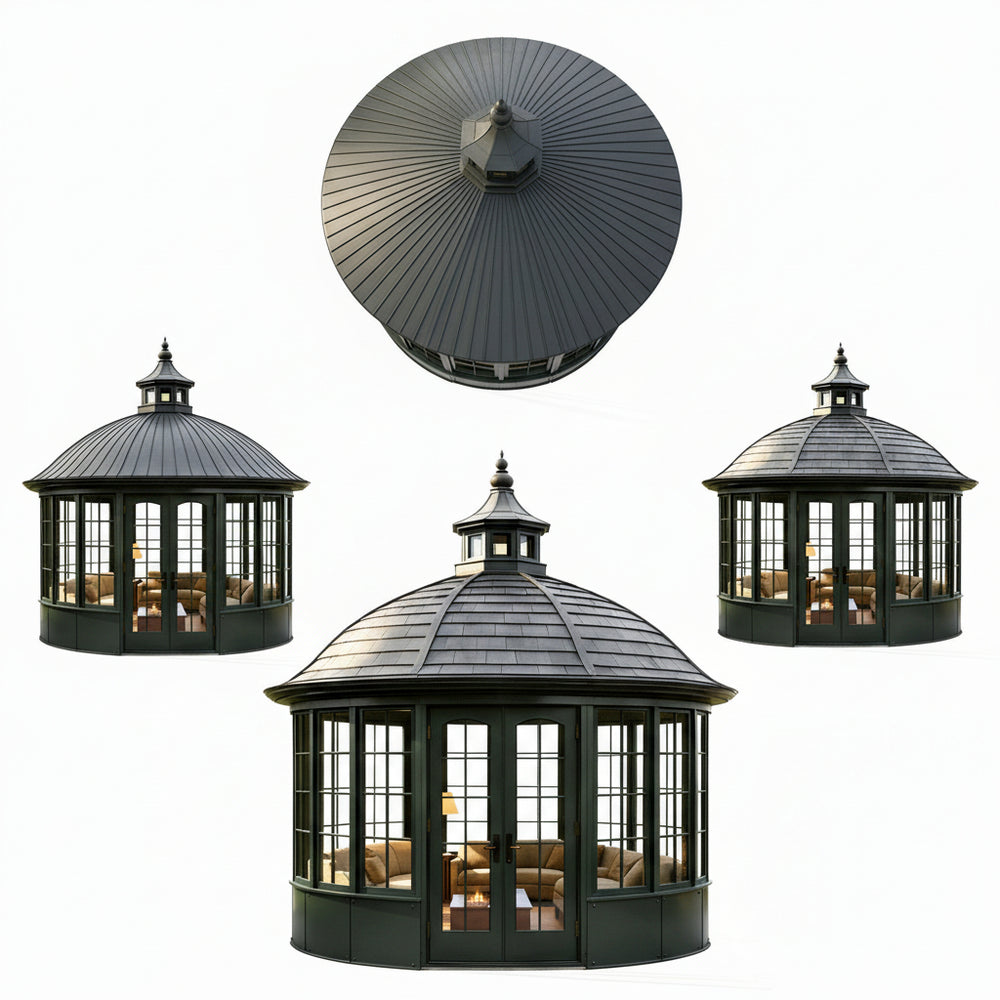Architectural round sunroom with cupola and arched windows