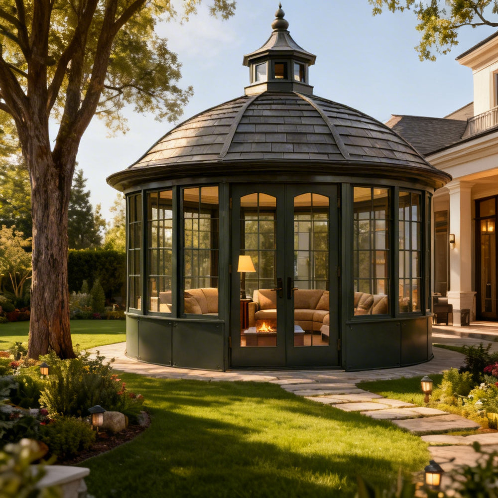 Circular wrought iron pavilion with decorative cupola roof