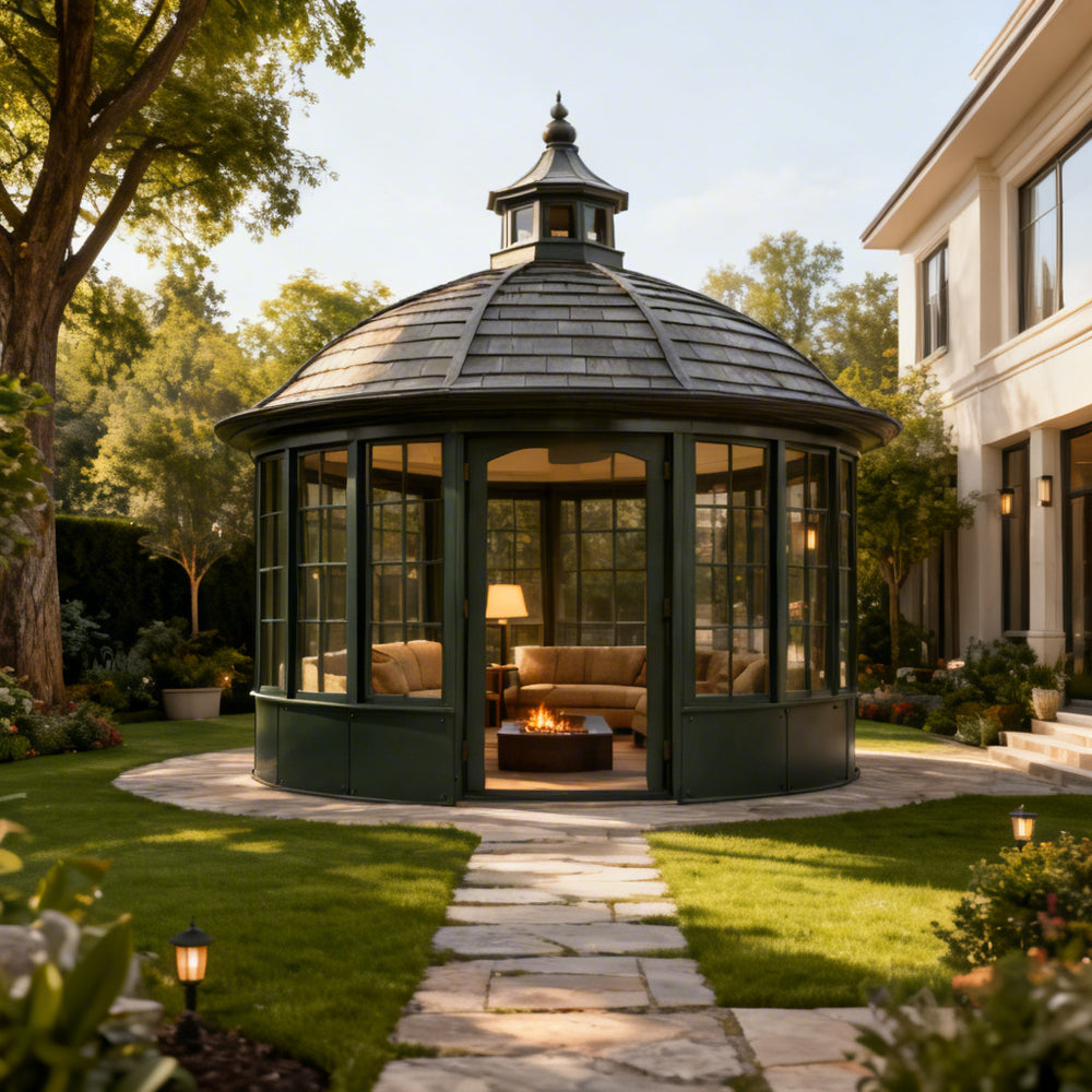 Luxury backyard round sunroom with panoramic windows