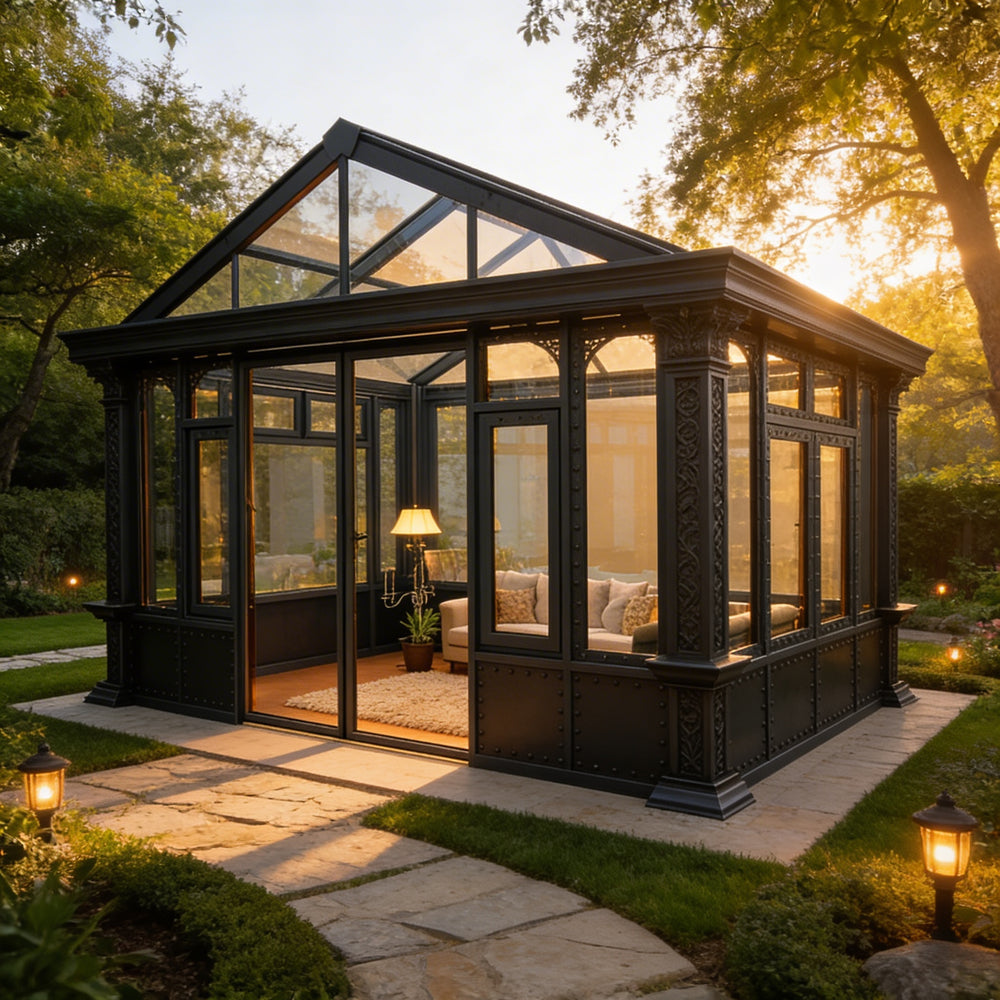 Orchard house with glass walls at sunset, surrounded by trees and garden lights.