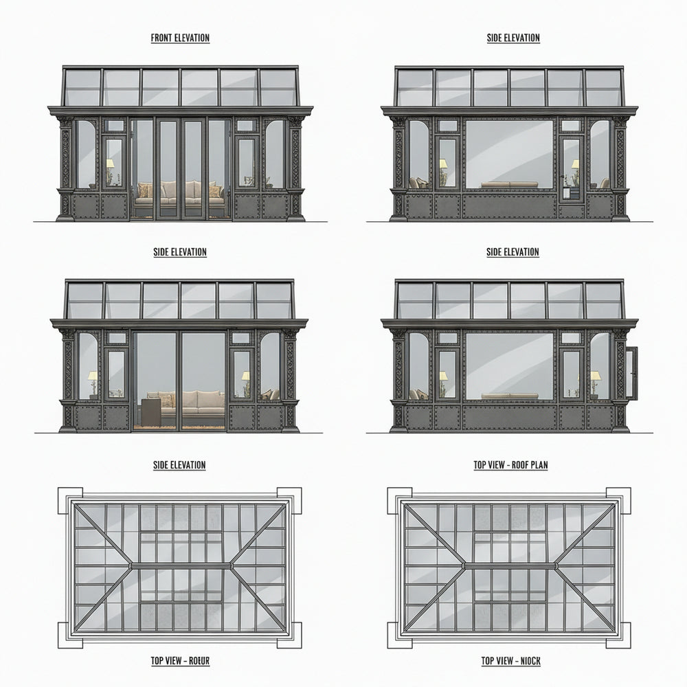 Victorian‑inspired glass pavilion with dark metal structure