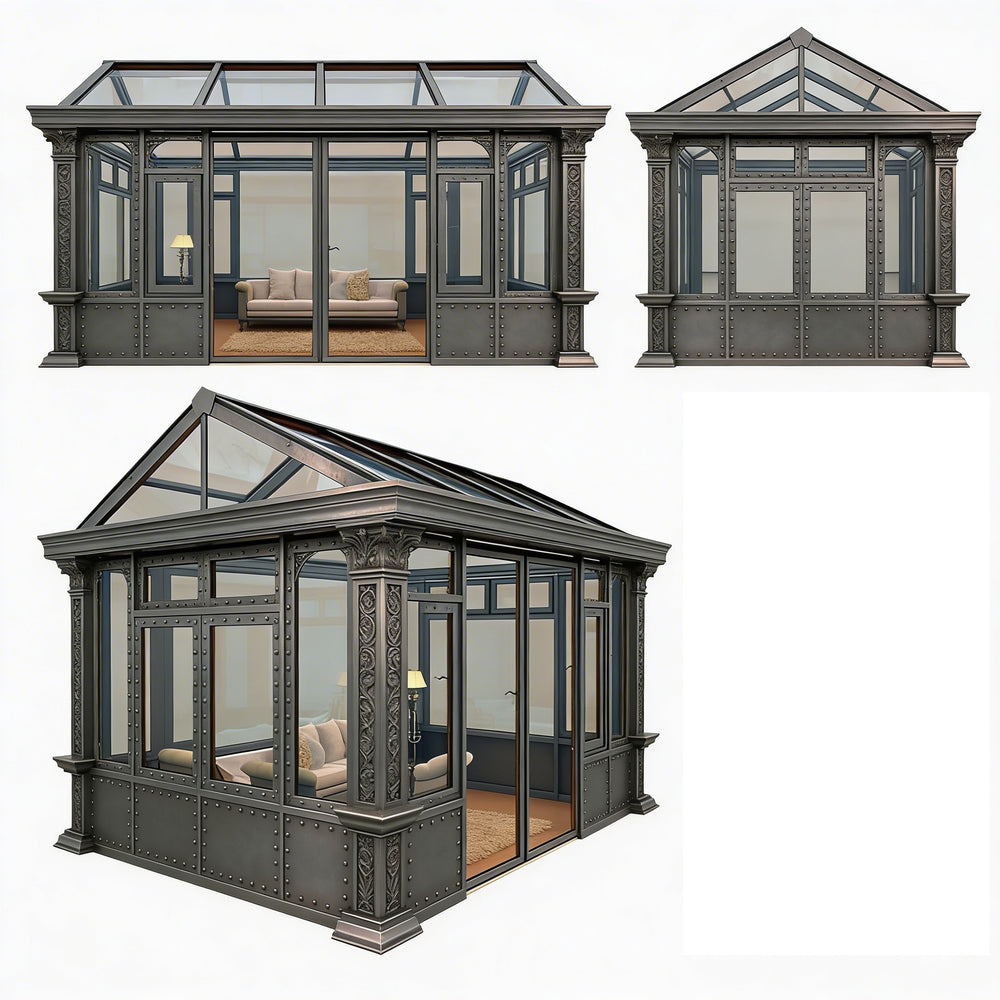 Industrial greenhouse with arched windows and tempered glass roof