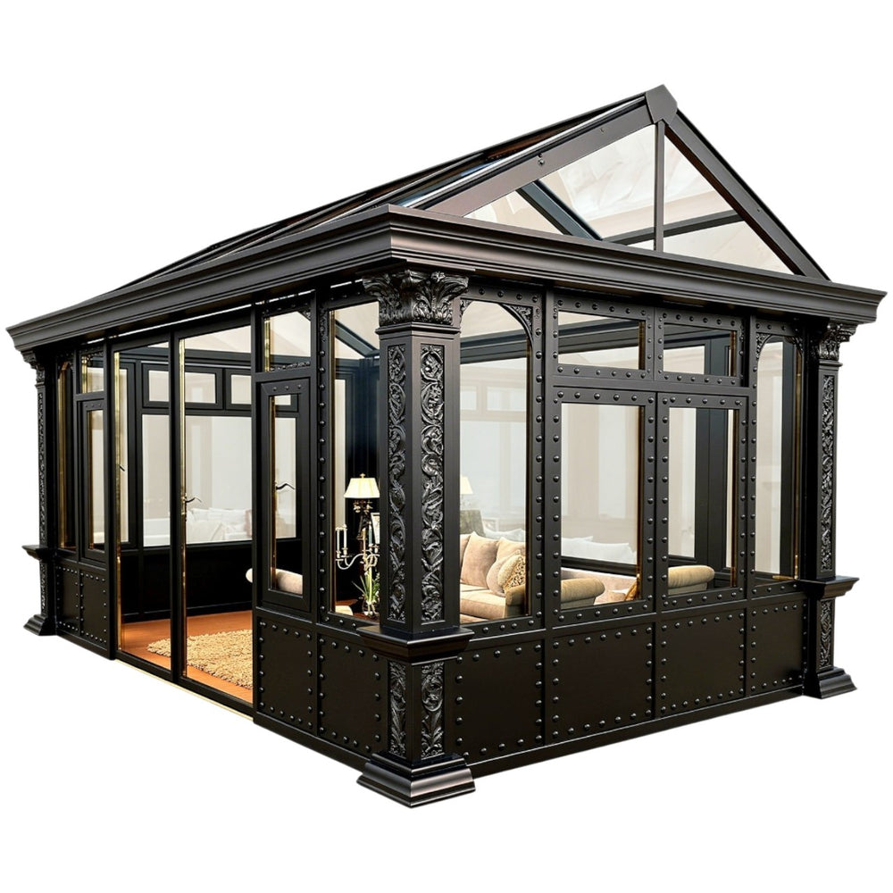 Architectural steel‑frame sunroom with riveted detailing