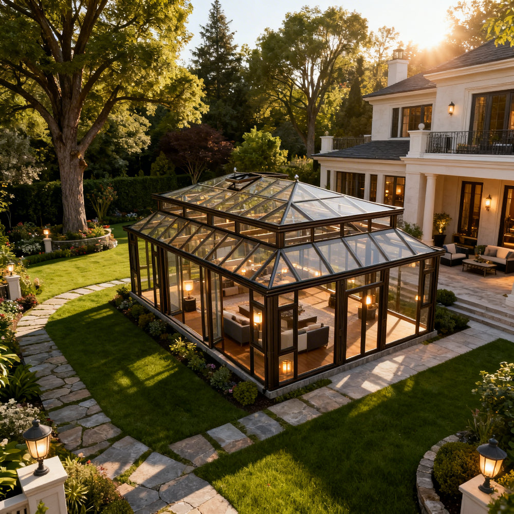 Freestanding sunroom with full‑height glass walls and steel frame