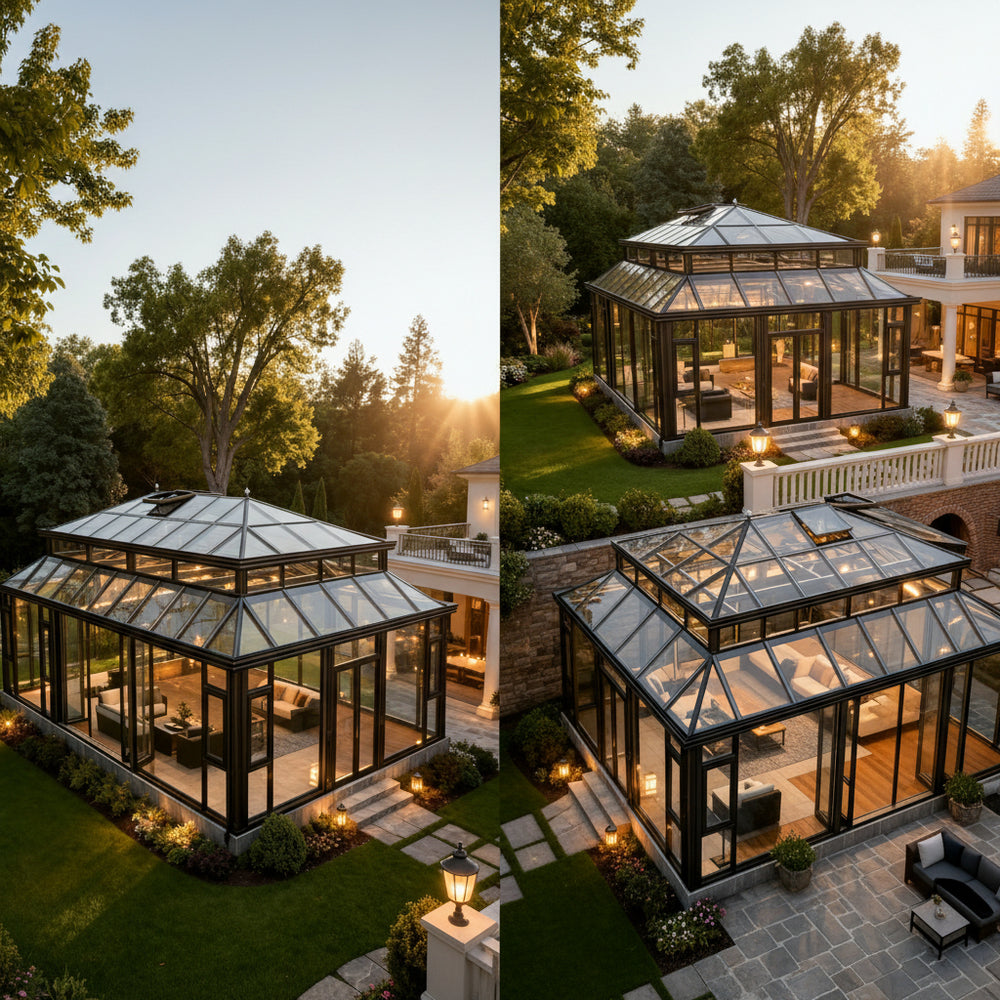 Two views of a glasshouse with a garden and trees in the background.