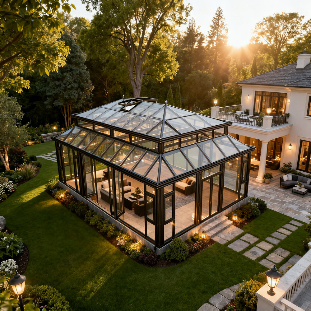 Glass garden room with raised skylight and dark metal framing