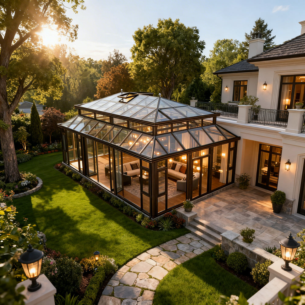 Architectural sunroom with full‑glass walls and steel supports