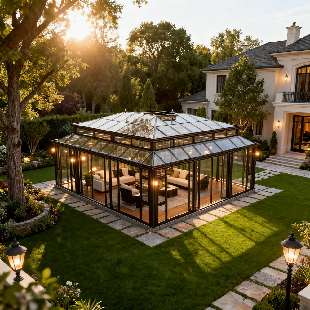 Modern glass pavilion with stone‑trim base and steel frame