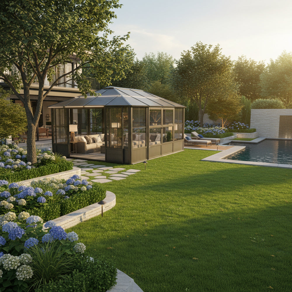 Luxury outdoor pavilion with pitched roof and full‑glass design