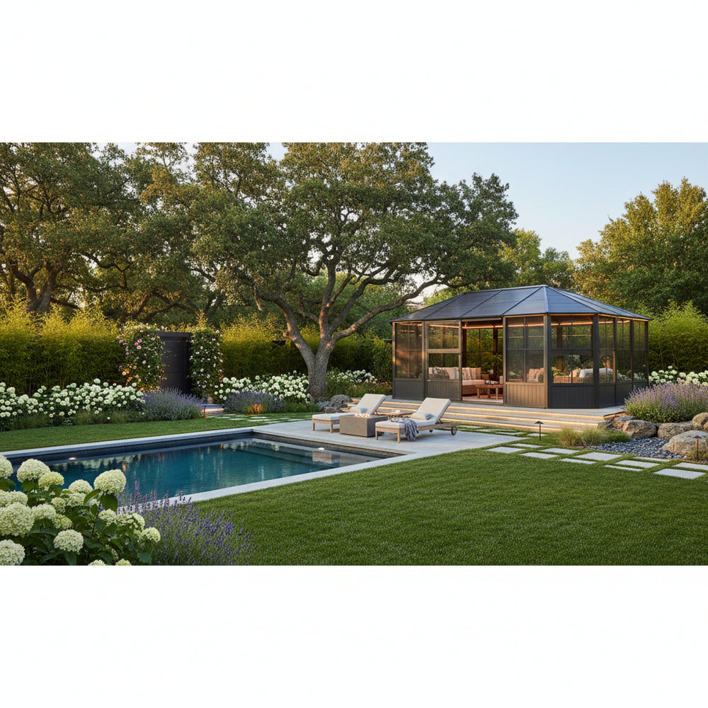Contemporary outdoor room with pitched roof and panoramic windows