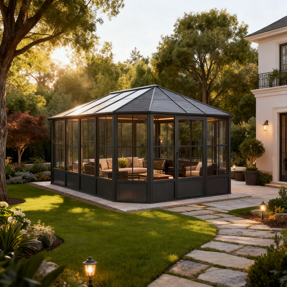 Steel‑frame sunroom with full‑height windows and double doors