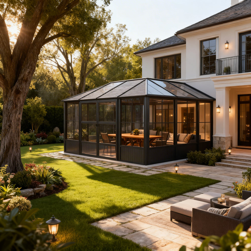 Enclosed patio structure with clear panels and steel frame