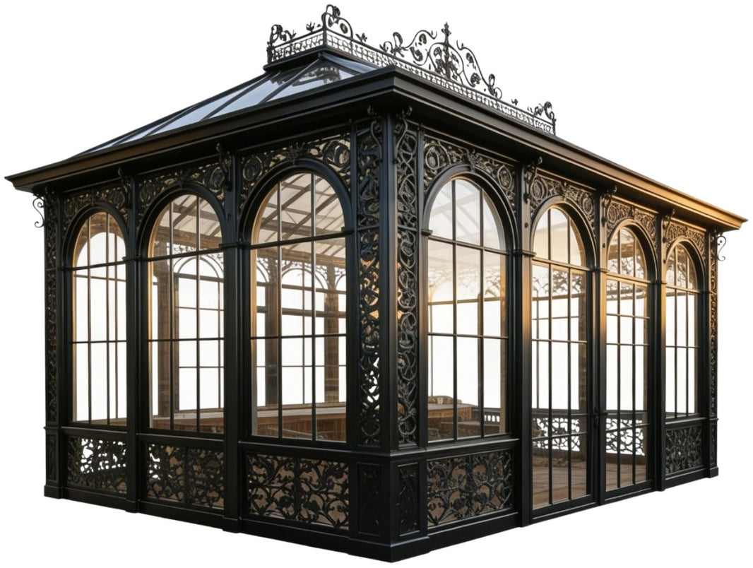 Victorian arched‑glass conservatory with ornate wrought iron detailing