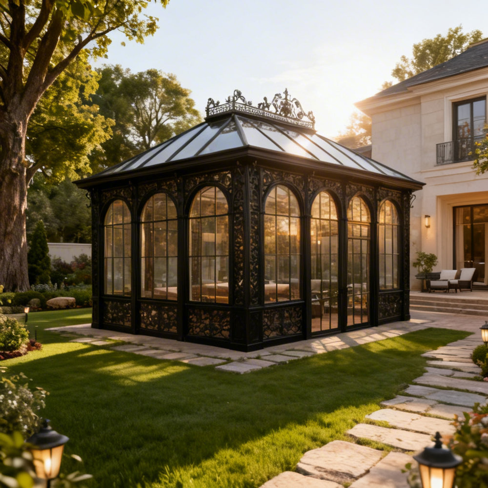 Decorative wrought iron greenhouse with tall arched windows and glass roof