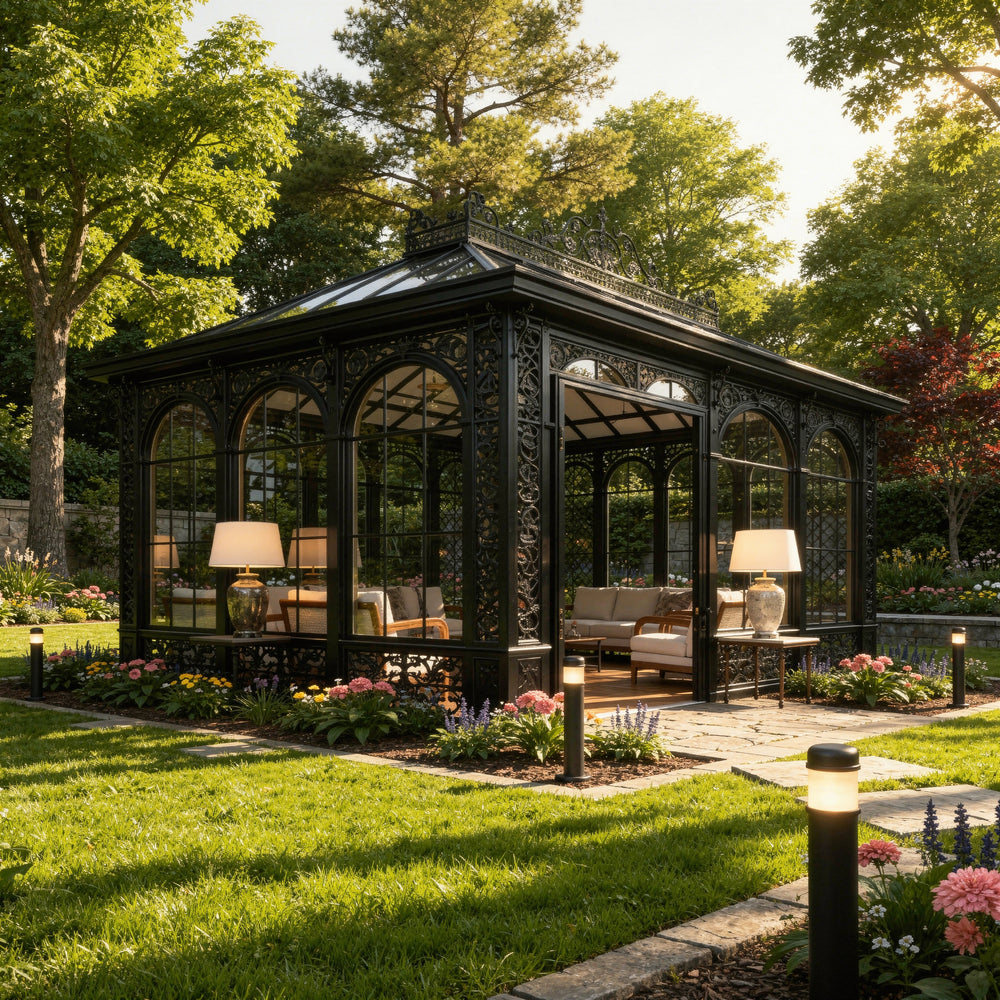 Orangery with glass walls in a garden setting
