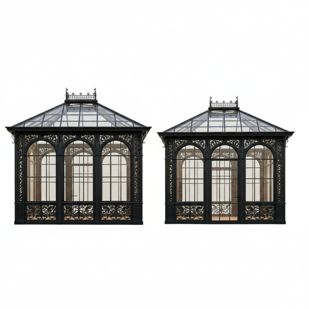 Two ornate glasshouses with black frames on a white background