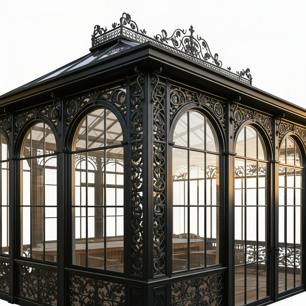 Wrought iron sunroom with decorative scrollwork and tempered glass panels