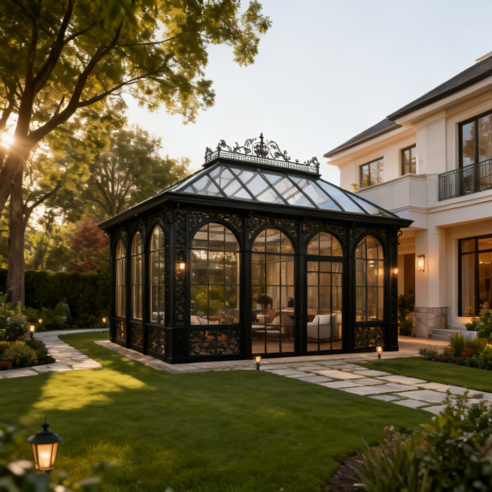 Freestanding glass conservatory with ornate ironwork and wooden floor