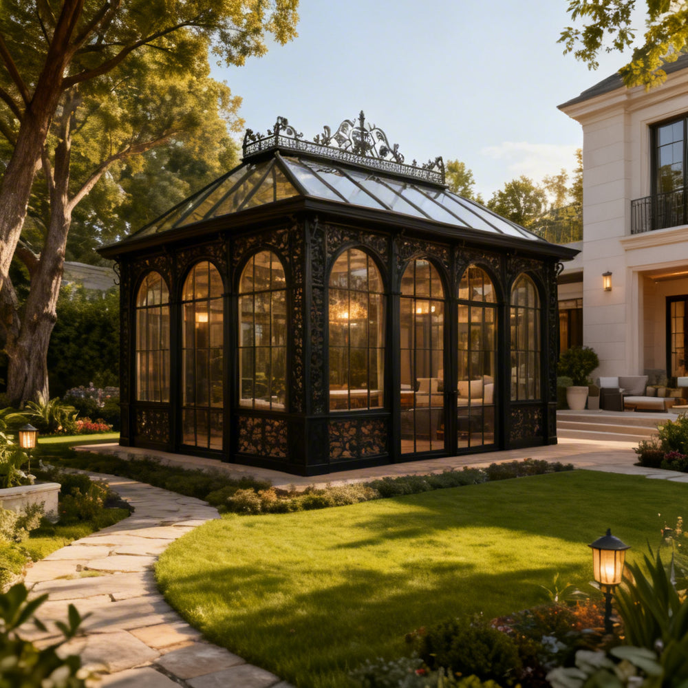 Large glass pavilion with ornate Victorian architecture and metal scrollwork