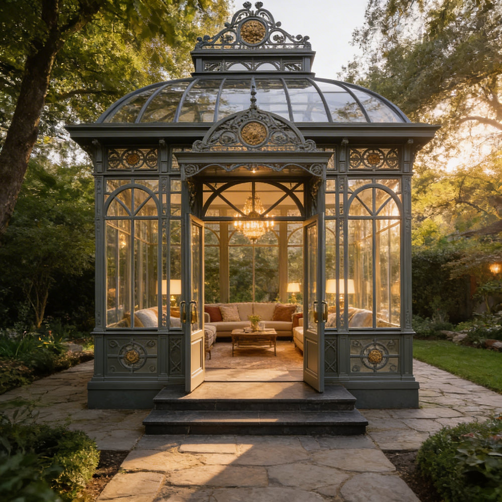 Luxury freestanding glass pavilion with ornate scrollwork and double doors