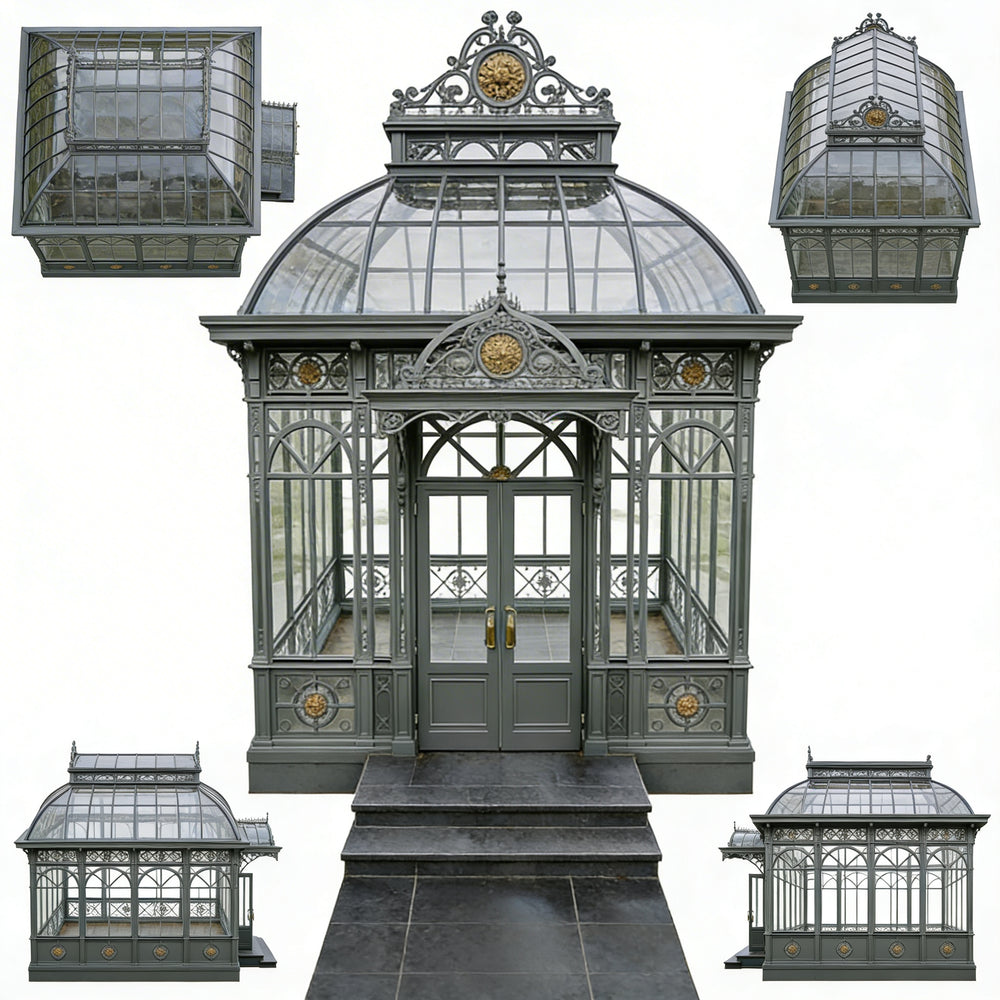 Decorative glass greenhouse with intricate designs on a white background